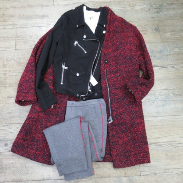 Wollmantel,Bikerjacke, Bluse, Hose von SET