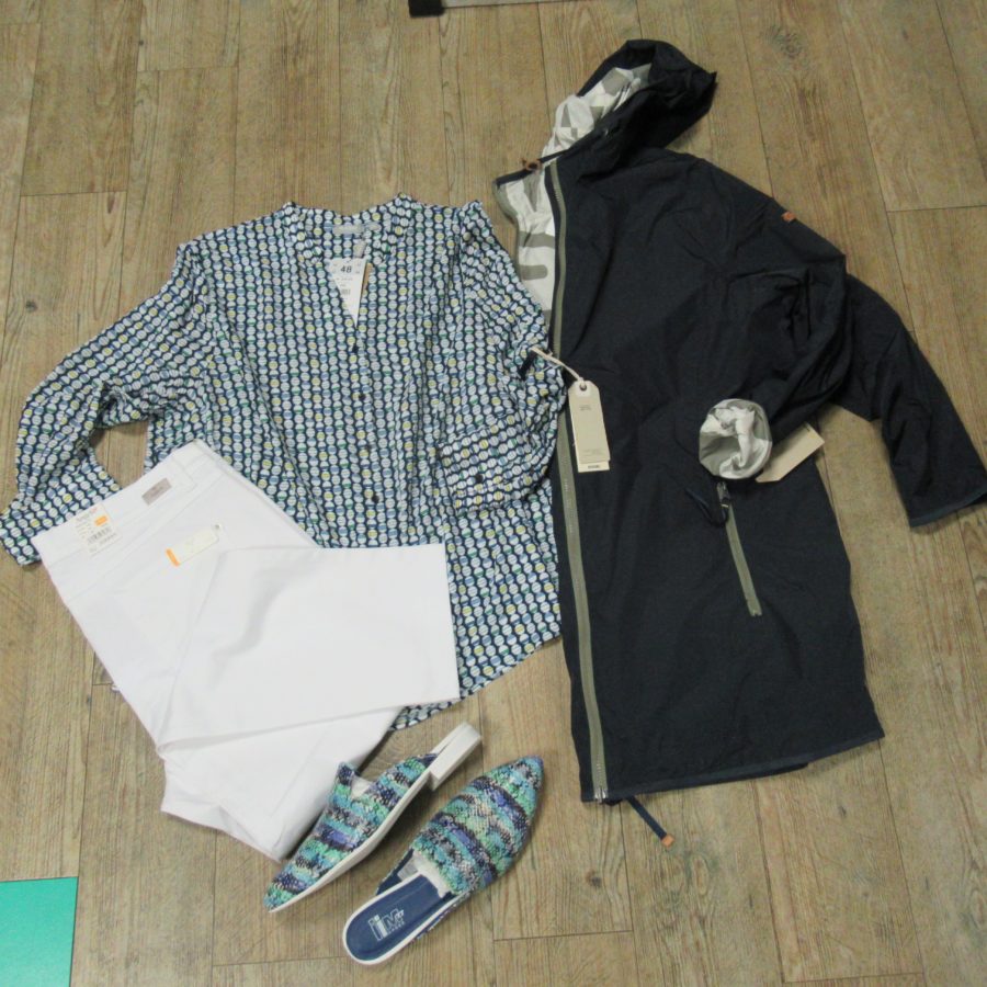 Bluse von Rabe, Jacke von camel active, Jeans von Angels, Mules von iiM77